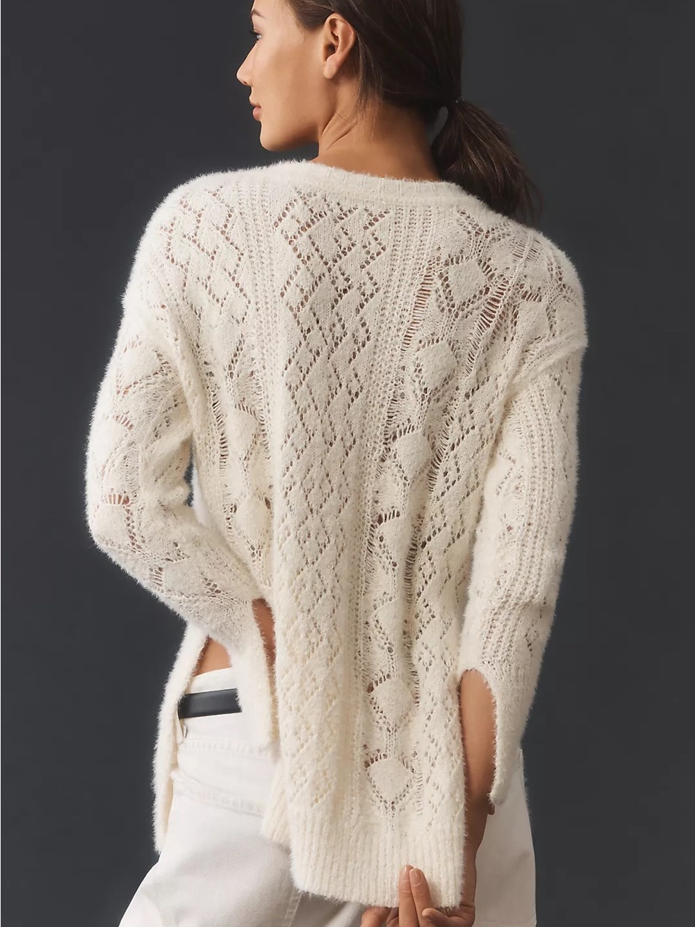 Pilcro for Anthropologie Cream Distress Stitch Longline Side Slit Sweater sz L - Picture 3 of 15